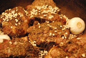 Browned mutton neck pieces with a sprinkling of barley.
